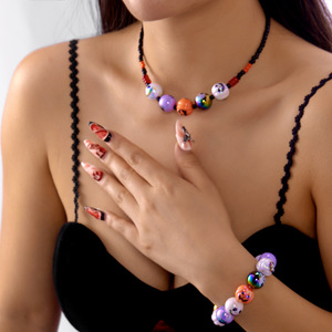 Accessori Classici di Halloween: Braccialetto con Perline in Legno Stampate con <span class=keywords><strong>Occhi</strong></span> Insanguinati, Collana con Ragno Malvagio e Pipistrello per Uomo e Donna - Product Image 4