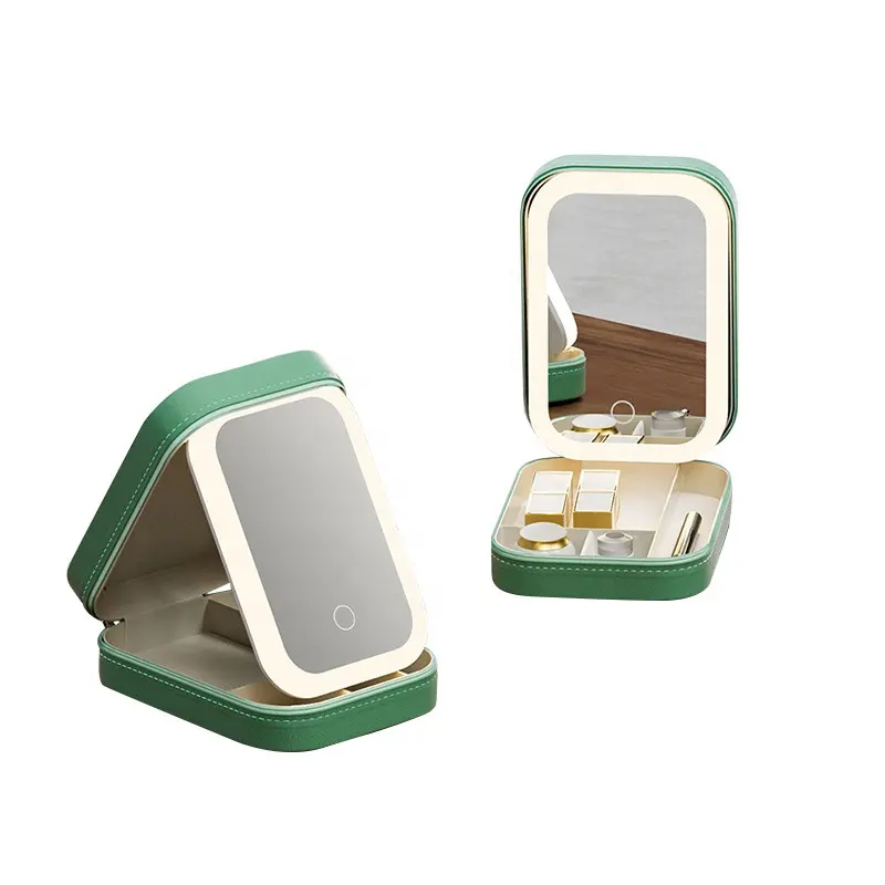 Boîte à bijoux multifonctionnelle avec miroir cosmétique LED Boîte de rangement cosmétique portable anti-poussière avec lumière