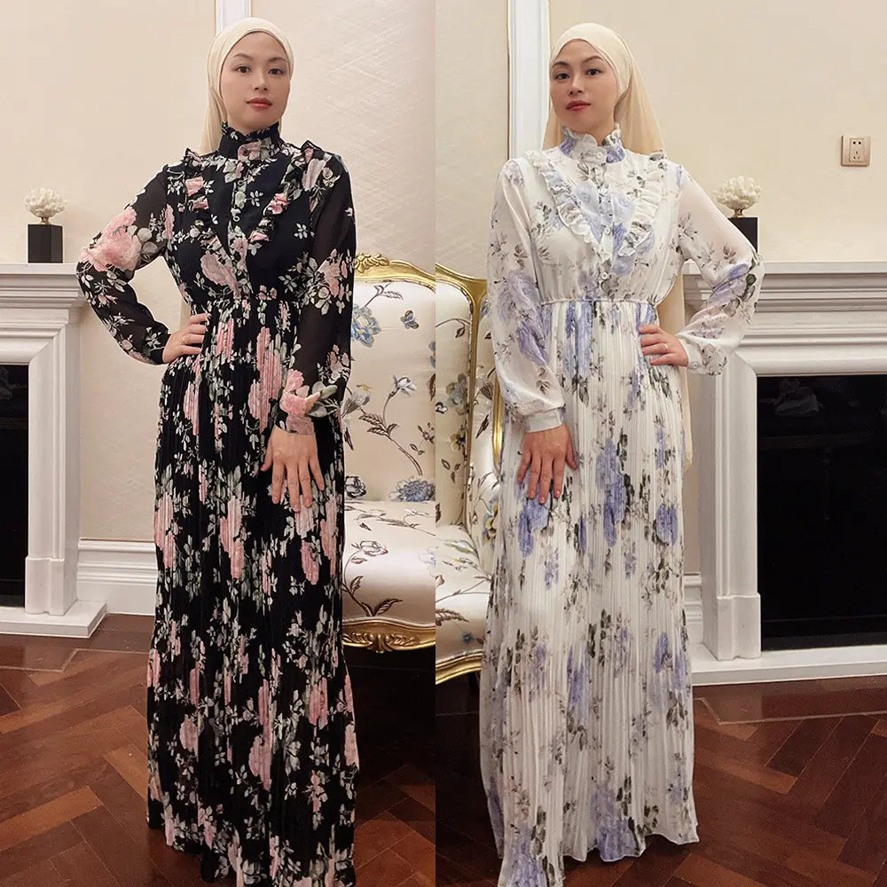 2023 Latest Wholesale Dubai Modest Muslim Fashion Elegant Long Maxi Floral Print Pleated Chiffon Dress Abaya for Muslim Women