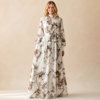 Robe longue personnalisée pour femme à manches longues, imprimé floral, col montant élégant, taille plissée, en mousseline, coupe trapèze, pour l'été