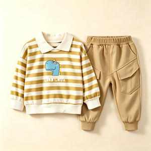 Ensemble sweat-shirt à col rayé en coton et pantalon cargo pour garçons, coupe décontractée, tenue décontractée en 2 pièces, fourniture OEM ODM, vêtements pour enfants - Product Image 2