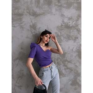 Chemisier en Chiffon Asymétrique à Épaule Dénudée avec Manches Princesse pour Femme, Top Quotidien Blanc Élastique - Product Image 2