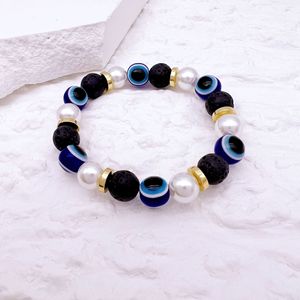Bracelet élastique en pierre volcanique œil turc bleu, imitation perle sertie, bijou unisexe, cadeau - Product Image 4