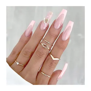 Nouveau Design Art Extra Long Cercueil Ongles Nude Transparent Ongles Pointe Bâton Bijou Fait À La Main Papillon Blanc Rayures Faux Ongles