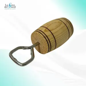 Abridor de botellas en forma de barril, de roble americano y acero inoxidable, redondo, hecho a mano, para abrir cerveza y vino. - Product Image 2