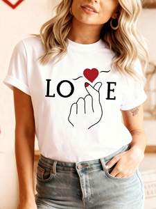 T-shirt imprimé cœur de la Saint-Valentin pour femme, manches courtes, col rond, haut décontracté, tendance, cadeau de vacances, printemps-été, 100% coton - Product Image 3