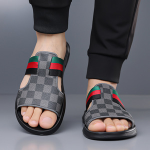 Sandales à enfiler à carreaux, bout ouvert, semelle extérieure en caoutchouc antidérapante, chaussures de plage décontractées d'été, tige textile, style à enfiler - Product Image 2