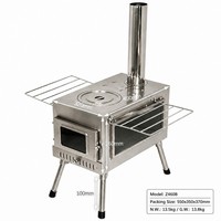 Poêle de camping en acier inoxydable pour tente chauffée, avec grande fenêtre de visualisation, à bois, avec plaque de cuisson amovible et pieds pliables