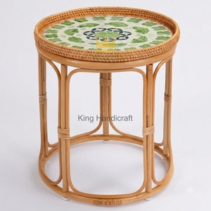 Boho Handwoven Rattan Side <b>Table</b> Mother of Pearl Top <b>Round</b> Small Coffee <b>Table</b> <b>Bedside</b> Nightstand for Home Decor - Product Image 1