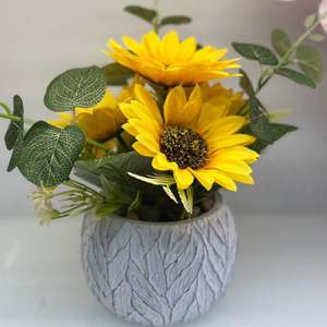 Bouquet de fleurs artificielles en soie Jinhe, tournesols, 20 cm, pot en ciment, décoration pour salon et table à manger - Product Image 3