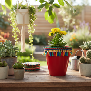 NF Lauren Red Tassel Flower Pot Private Label Decorative <b>Plastic</b> Garden <b>Planter</b> Boho Style Hand Decorated Desktop Plant Pot - Product Image 1
