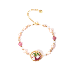 Fashion Beaded <b>Bracelet</b> With Cherry Charm Pink Pearl And <b>Crystal</b> <b>Beads</b> Gold Plated 316L Stainless Steel Sustainable Design - Product Image 2