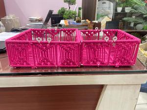 Pink Woven Storage <b>Basket</b> Set Handmade Rope Organizer Bin with Lid for Home Desktop Shelf - Product Image 2