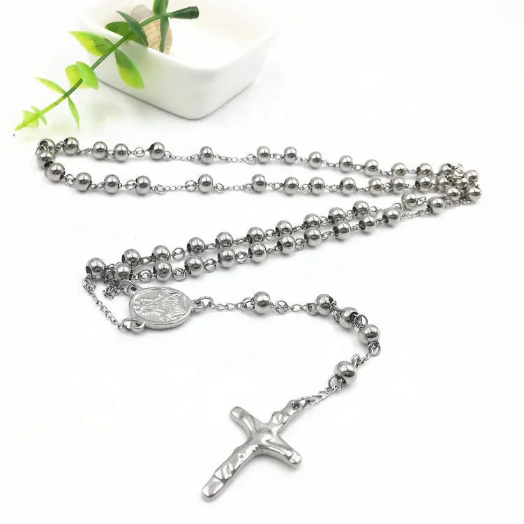 Religious Link Cable Chain Necklace for Women Men Stainless Steel Cross Virgin Mary Rosary Necklace Jewelry
