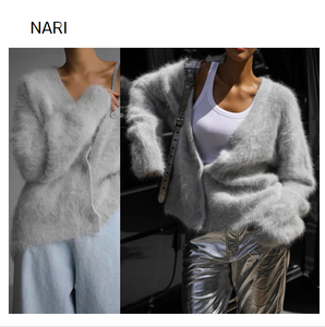 Kardigan Rajut Wanita Oversize Trendy 2025, Campuran Kasmir dan Sutra, Berbulu Lembut, <span class=keywords><strong>Sweater</strong></span> Fleece Khusus untuk Musim Dingin - Product Image 2