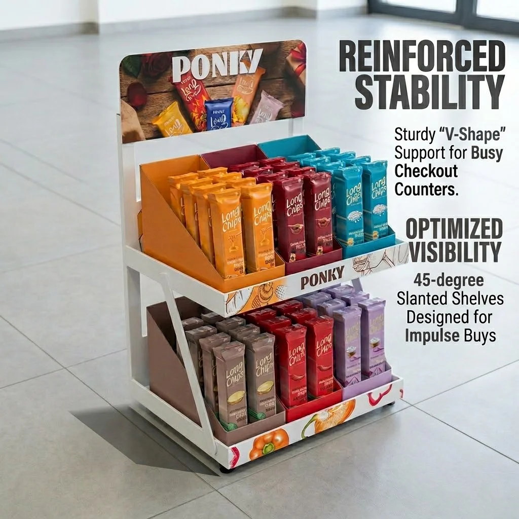 Custom 2-Tier Metal Countertop Snack Display Rack for Convenience Store Retail Store Food Chips POP POS Display Rack Apache — view 4