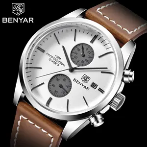 BENYAR BY-5187 Men Classic Fashion Leather Quartz Watch Sports Multi functional Timing Code Men's Automatic Wristwatch