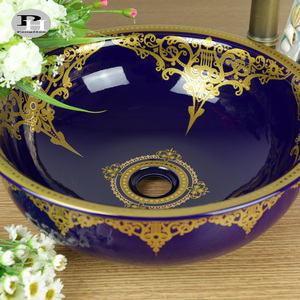 Jingdezhen elegante nuovo Design porcellana sanitari bagno ceramica arte lavabo blu scuro e oro <span class=keywords><strong>piccolo</strong></span> lavabo a mano - Product Image 3