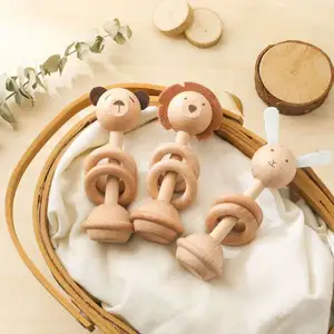 Mainan bayi baru lahir, mainan kerincingan hewan kayu beech bayi menenangkan teether edukasi tangan pegangan otak anak-anak