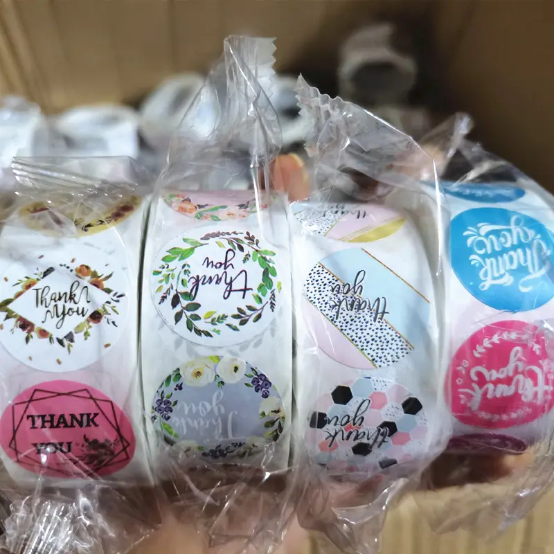 Hot Custom logo transfer packaging paper thank you stickers floral label tape rolls 500 thank you stickers for small business