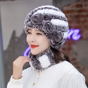 Chapeau en fourrure de lapin loutre chaud pour femme, ensemble de cent écharpes faites à la main, bonnet de protection d'une oreille, bonnet en tricot