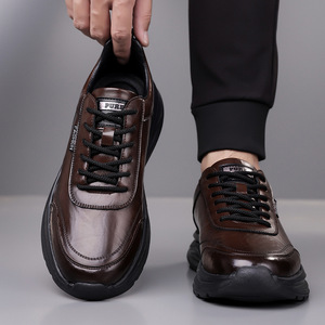 Chaussures de marche en cuir pour hommes, bout rond, talon bas, antidérapantes, chaussures décontractées de mode pour l'extérieur - Product Image 3