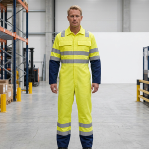 Overol de Seguridad de Alta Visibilidad Clase 3 Amarillo con Franjas Reflectantes y Detalles Azul Marino para Uso Industrial - Product Image 2