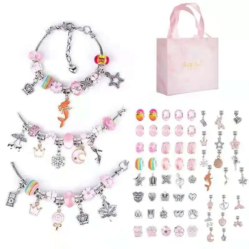 Hot Diy Handgemaakte Kinder Bedelarmband Prachtige Geschenkdoos String Cartoon Roze Sieraden Set Voor Meisje