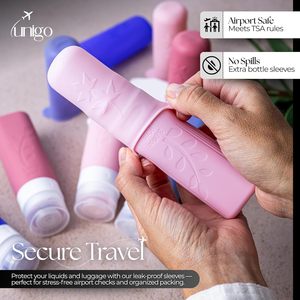 Botellas de Viaje Unigo a Prueba de Fugas, Paquete de 5, 3 oz, Aprobadas por la TSA, Recipientes para Artículos de Tocador, Libres de BPA, Recargables, Color Morado - Product Image 4