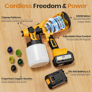 Pistolet de pulvérisation de peinture sans fil OEM 21V 650W HVLP <span class=keywords><strong>2</strong></span> batteries 1200ml Coupe 5,5 Lbs 5 buses 3 modes de pulvérisation Alimenté par batterie Pistolet portatif - Product Image 5