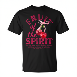 T-shirt chrétien Fruit Of The Spirit, design cerises et nœud rose, noir - Product Image 2