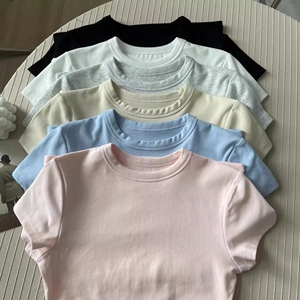 T-shirt da donna a girocollo a maniche corte in cotone estivo taglia XS/XL a tinta unita con stampa aderente a maglia - Product Image 2