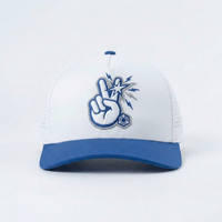 Casquette 5 panneaux blanche et bleue pour hommes et femmes, respirante, avec trous perforés au laser, patch brodé dessin animé, visière incurvée, chapeau de sport