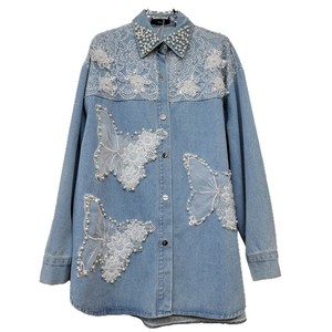 2026 Grosir Kemeja Denim Elegan dengan Aplikasi Kupu-kupu 3D dan Renda Organza, Hiasan Mutiara, Desainer, Model Longgar untuk Wanita - Product Image 5