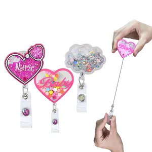 Hot Selling Glitter Plastic Bling Retractable Badge Reel Resin Medical Nurse Student Office Stuff ID Badge Reel Holder