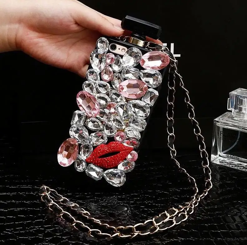 高級ブリンブリンダイヤモンドラインストーンクリスタル香水瓶電話ケースiPhone 15 14Pro Maxストラップ付きSamsung S21 Ultra