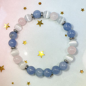 Pulsera de piedra natural con cuentas redondas hechas a mano de Aguamarina, cuarzo rosa y selenita de 8mm para pulsera de paz interior, amor y Coura - Product Image 6