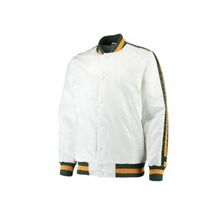 เสื้อแจ็คเก็ตวาร์ซิตี้สีขาวสำหรับผู้ชาย คอปกและปลายแขนเสื้อแบบริบสีเขียวเหลือง กระดุมแบบปกปิด เสื้อคลุมลำลองแบบบอมเบอร์ บริการ OEM พร้อมโลโก้ด้านหน้า - Product Image 4