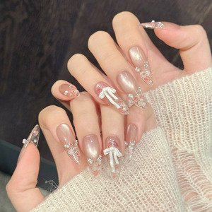 Diseño # 3482 <span class=keywords><strong>Uñas</strong></span> Postizas de Gel 3D de Lujo, Diseño de Lazo Blanco con Perlas, Efecto Ojo de Gato, Acrílicas, Largas, Ovaladas, Hechas a Mano, 10 Piezas - Product Image 5