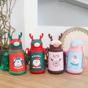 Seaygift 크리 에이 티브 크리스마스 선물 뿔 보온병 컵 어린이 귀여운 만화 휴대용 스테인레스 스틸 머그잔 물병 스트랩