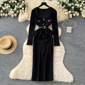 فستان أنيق بياقة مربعة وحزام عند الخصر وأكمام طويلة من التريكو، بدلة نسائية أنيقة بأسلوب التويد من قطعتين - Product Image 3