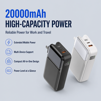 Chargeur de batterie portable 20000 mAh avec deux câbles intégrés, affichage numérique de la puissance et prise murale AC pliable