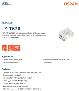 Chip LED OSRAM TOPLED LS T676 633nm Super Rojo 140mcd 2V 120 Grados 3528 PLCC2 SMD para Indicadores Automotrices - Product Image 2