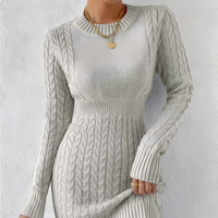 Damen Casual Zopfmuster Midi-Kleid Etuikleid-Silhouette Rundhals Langarm Ausgehöhltes Herbstkleid OEM ODM