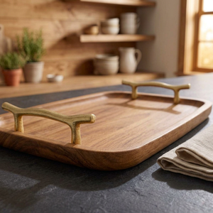 Plateau de service rectangulaire moderne en bois avec poignées métalliques décoratives, plateau de table basse ottoman en bois, plateau de luxe pour cuisine - Product Image 5