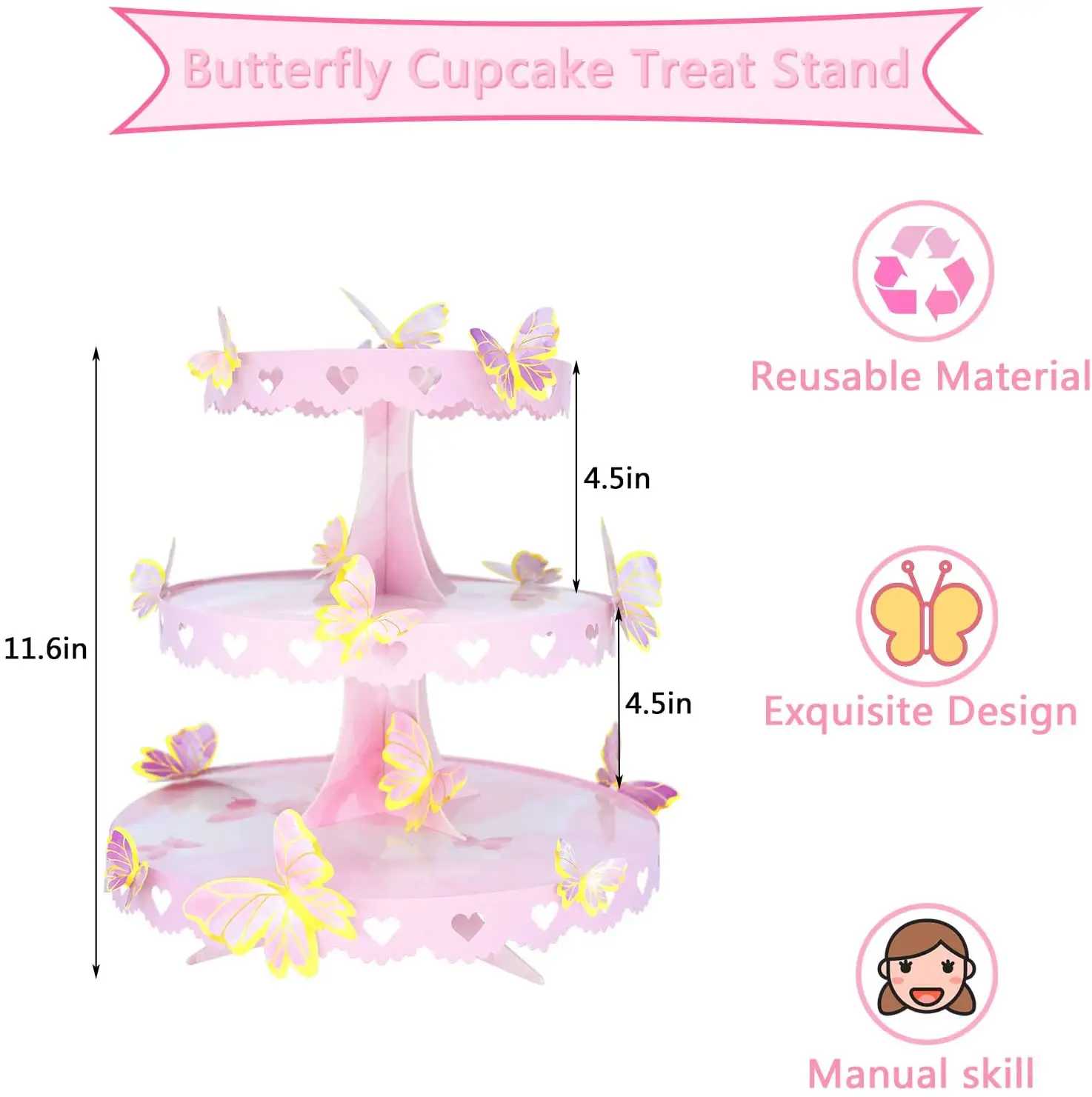 Butterfly Cupcake Stand Birthday Party Supplies DIY Pink Cake Stand Display for Party Birthday Baby Shower Wedding