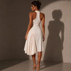 Vestido al por mayor de fabricación vietnamita, elegante vestido midi asimétrico de satén con cuello de agujero, ajustado y plisado, para fiesta de verano. - Product Image 4