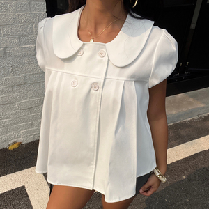 Chemisier décontracté tissé à manches courtes et col Peter Pan, couleur unie, coupe ample, boutonné sur le devant, pour femme, idéal pour l'été et les fêtes - Product Image 1