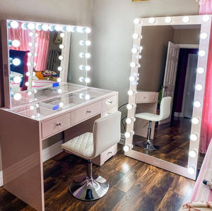 <strong>White</strong> Modern Vanity <strong>Table</strong> with LED Hollywood Mirror Drawers, Makeup Desk with Charging Station for <strong>Small</strong> Bedroom - Product Image 3