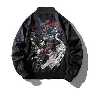 Custom Spring Embroidery Tiger Head Flight Men Satin Bomber Jacket Color In Black Made In China